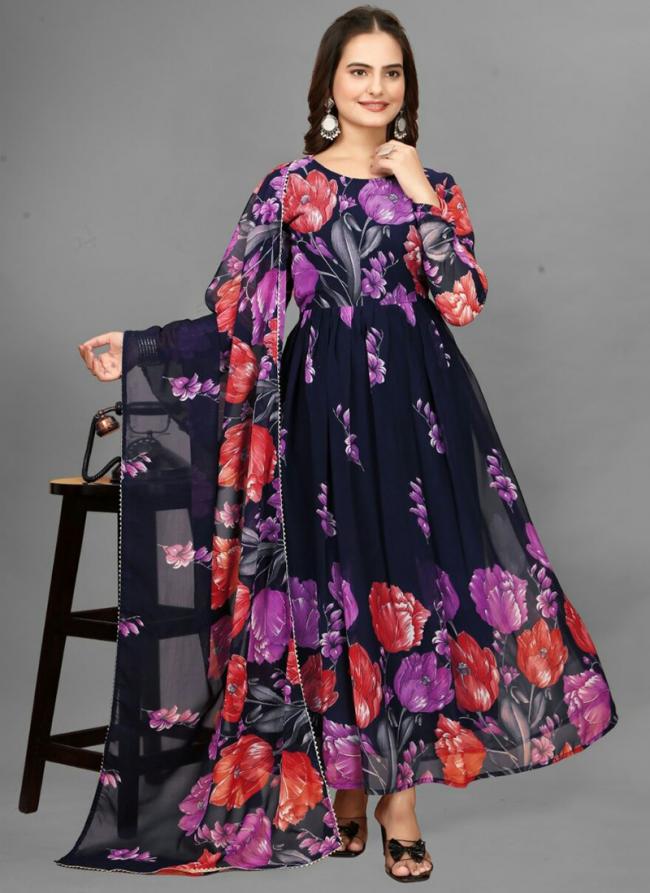 Georgette Navy Blue Traditional Wear Printed Readymade Gown With Dupatta